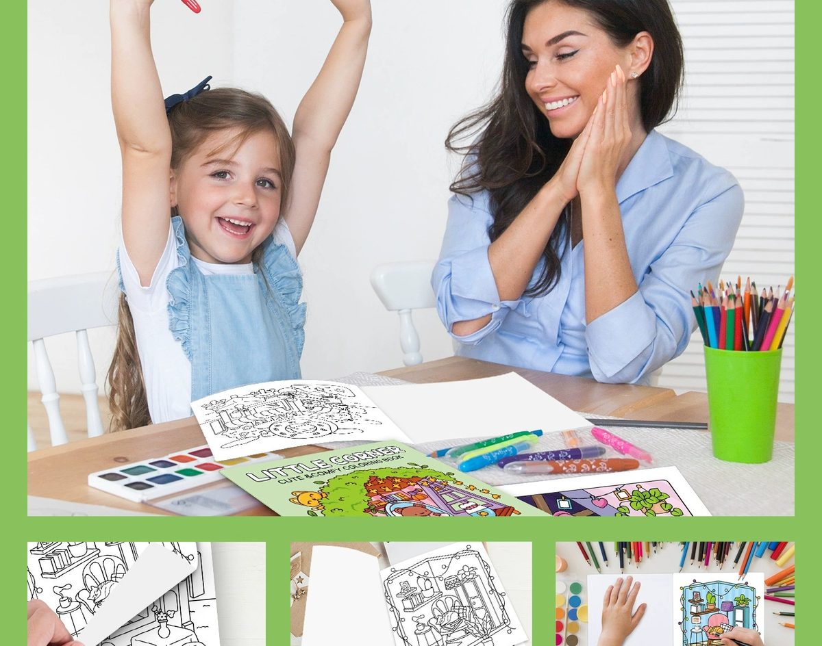 Children coloring activity book in use